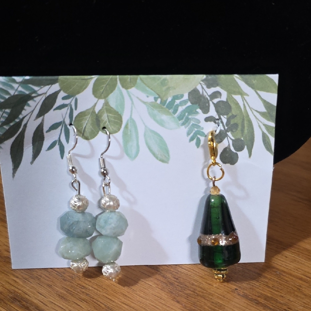 Handmade Green Glass Bead Drop Pendant & Green Stone Dangle Earrings Set